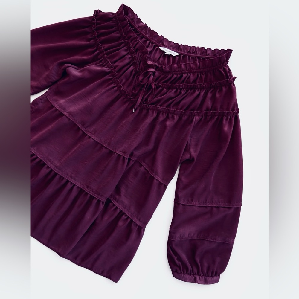 Peasant blouse tiers eggplant purple ruffles size L boho
